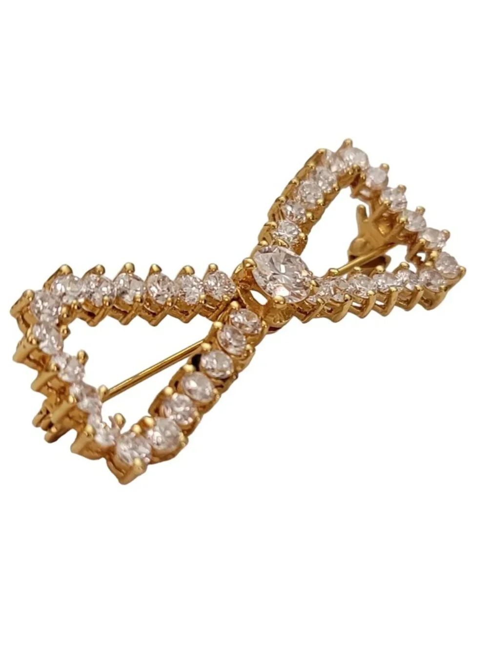 Sterling Silver Gold Vermeil Clear Crystal Rhinestone Bow Brooch Pin E244
